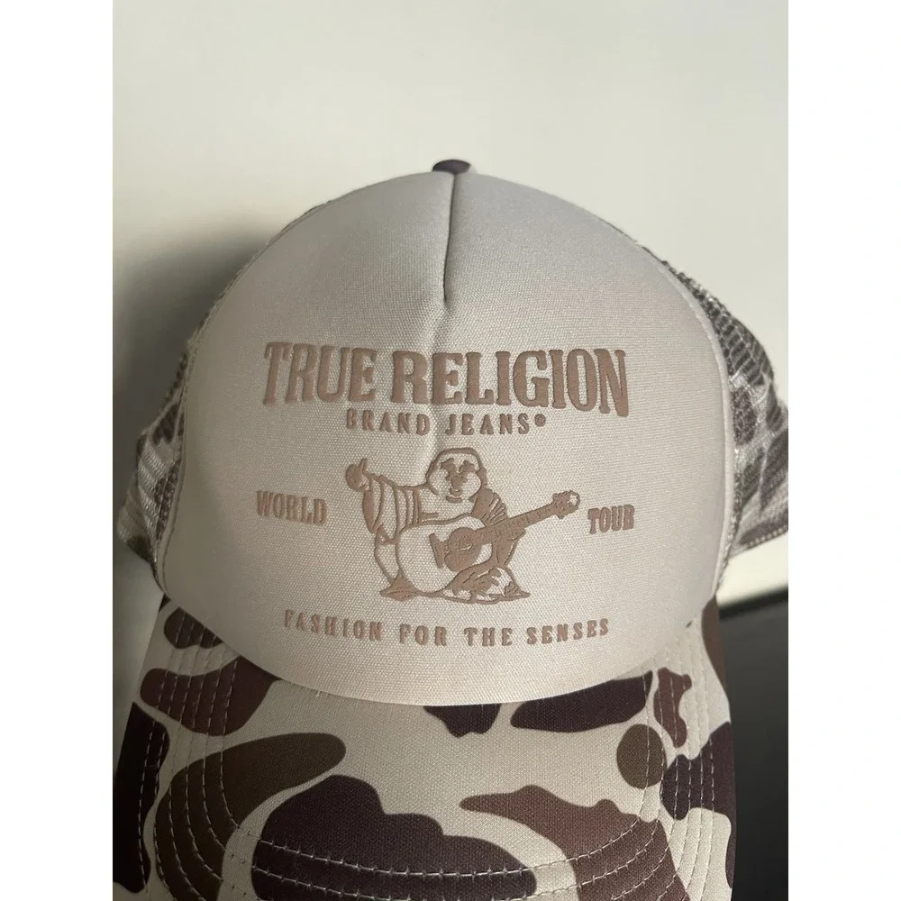 True Religion Jeans Trucker Snapback Hat Cap Brown Camo Logo One Size BRAND NEW